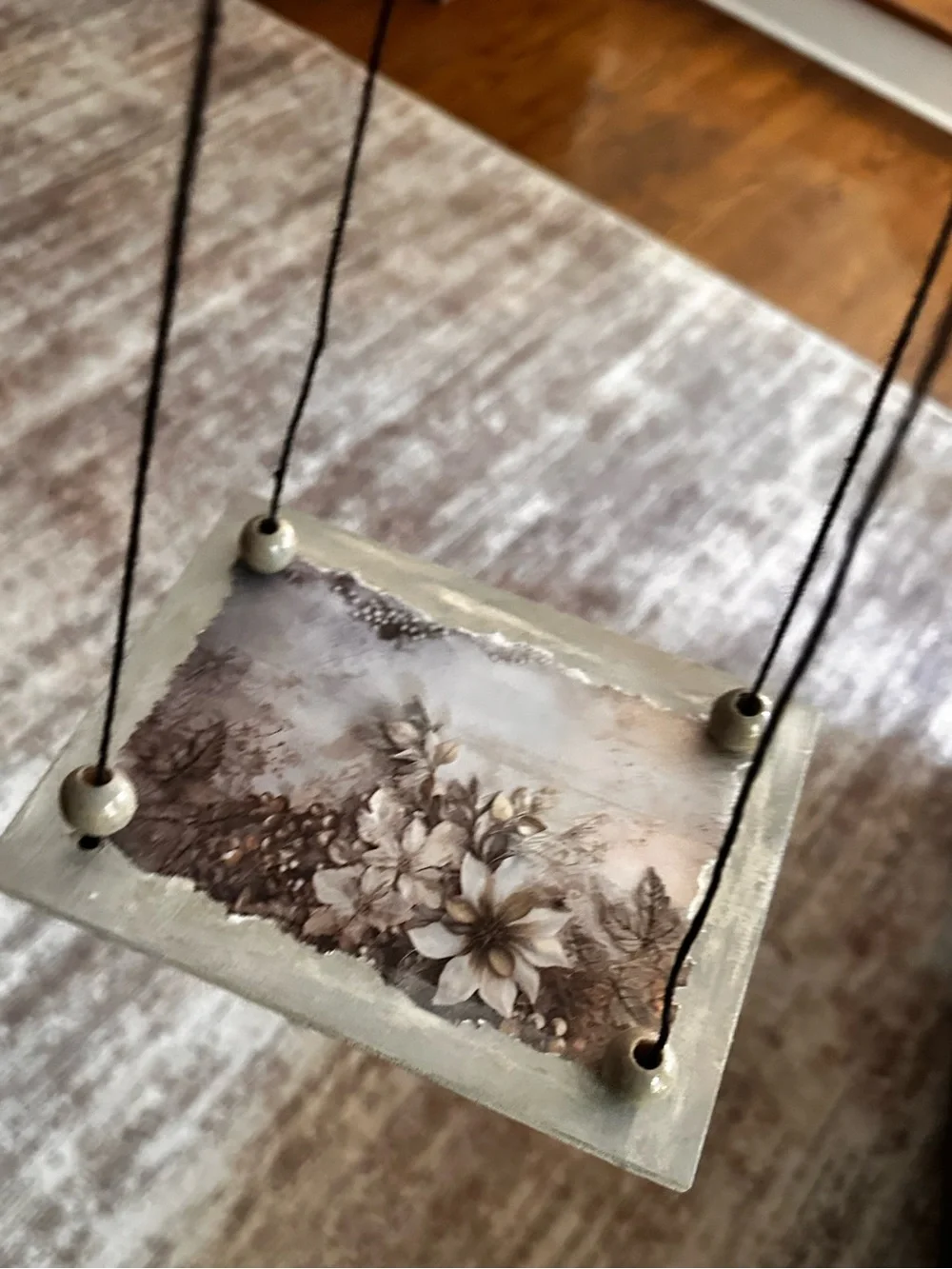 Hand crafted Floral Hanging shelf with Black Cord